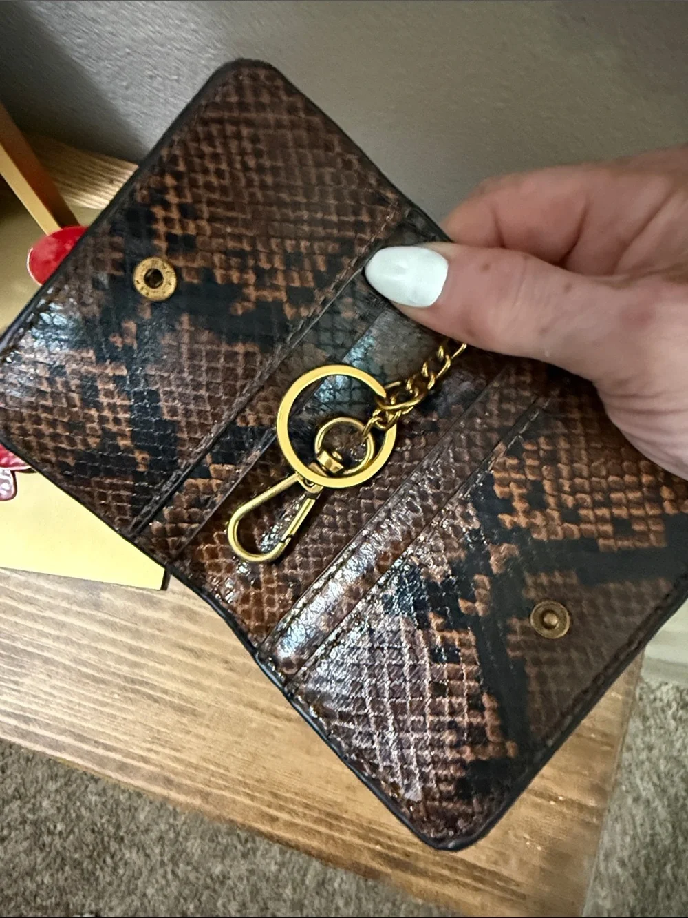 Steve Madden Brown Snake-Print Card Holder with Gold Keychain